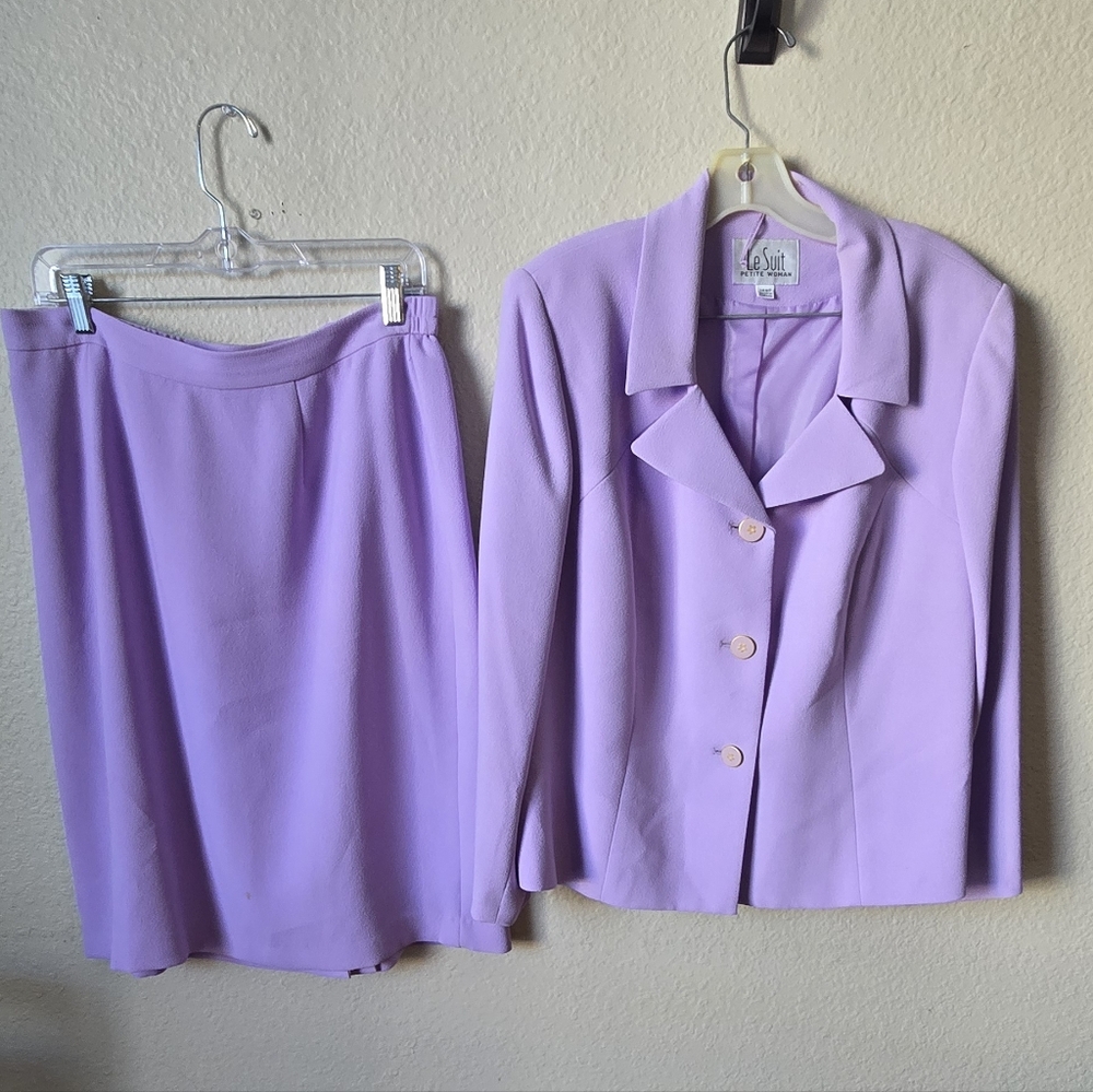Vintage Le Suit Women’s 2-Piece Skirt Suit Lavender Purple Blazer Jacket & Midi